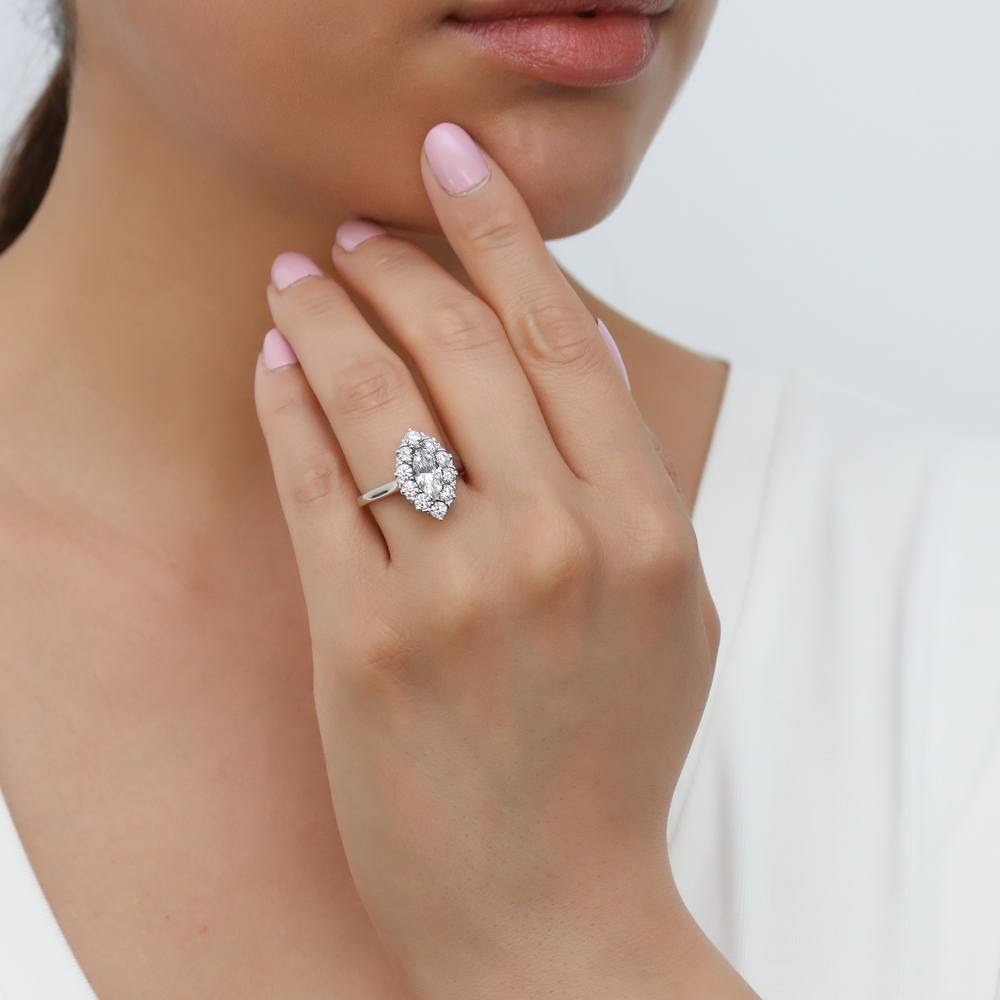 Model wearing Navette Halo CZ Statement Ring in Sterling Silver