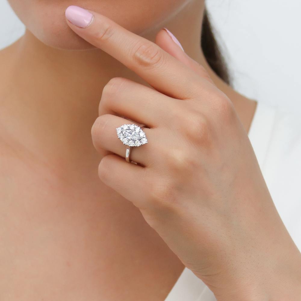 Model wearing Navette Halo CZ Statement Ring in Sterling Silver