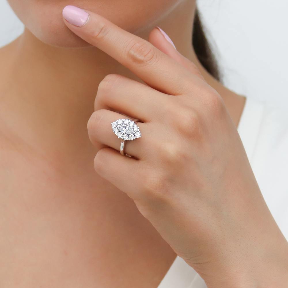 Model wearing Navette Halo CZ Statement Ring in Sterling Silver, 2 of 9