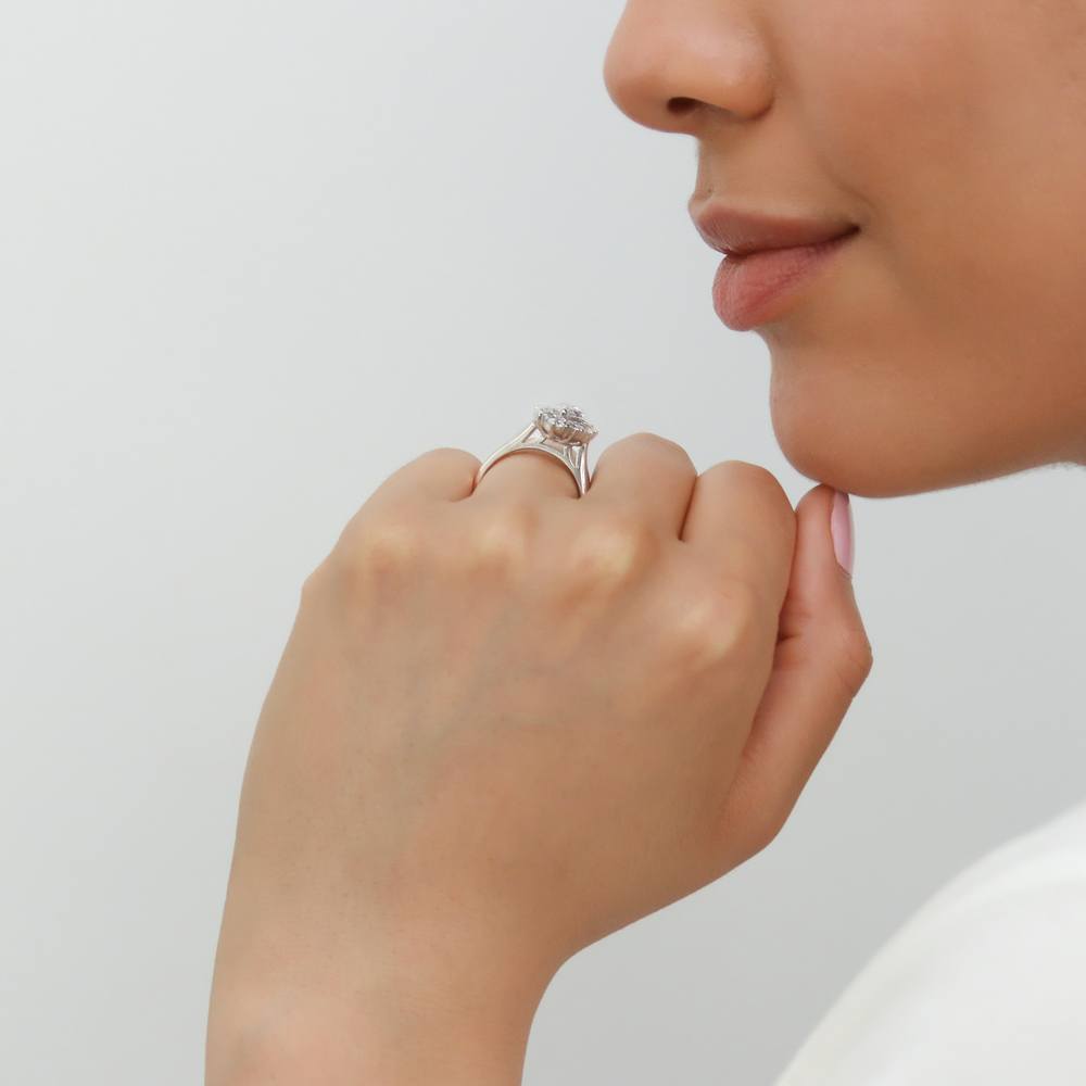 Model wearing Navette Halo CZ Statement Ring in Sterling Silver