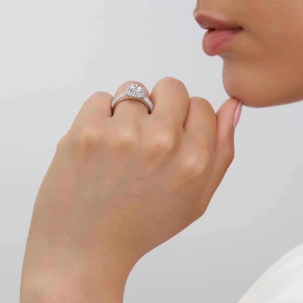 Model wearing Halo Cushion CZ Ring in Sterling Silver