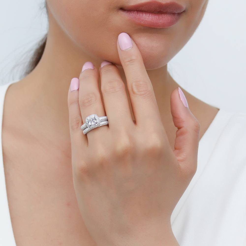Model wearing Halo Cushion CZ Ring Set in Sterling Silver, 2 of 14