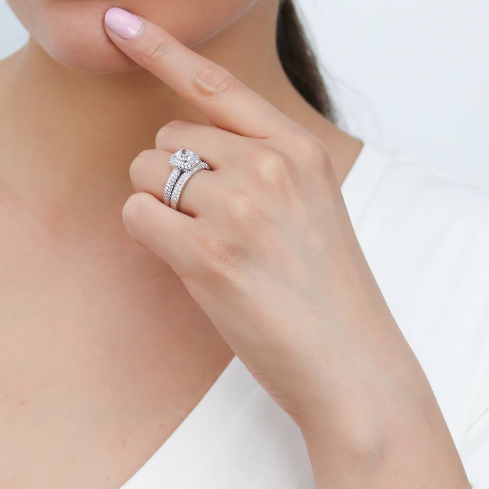 Model wearing Halo Cushion CZ Ring Set in Sterling Silver, 6 of 14