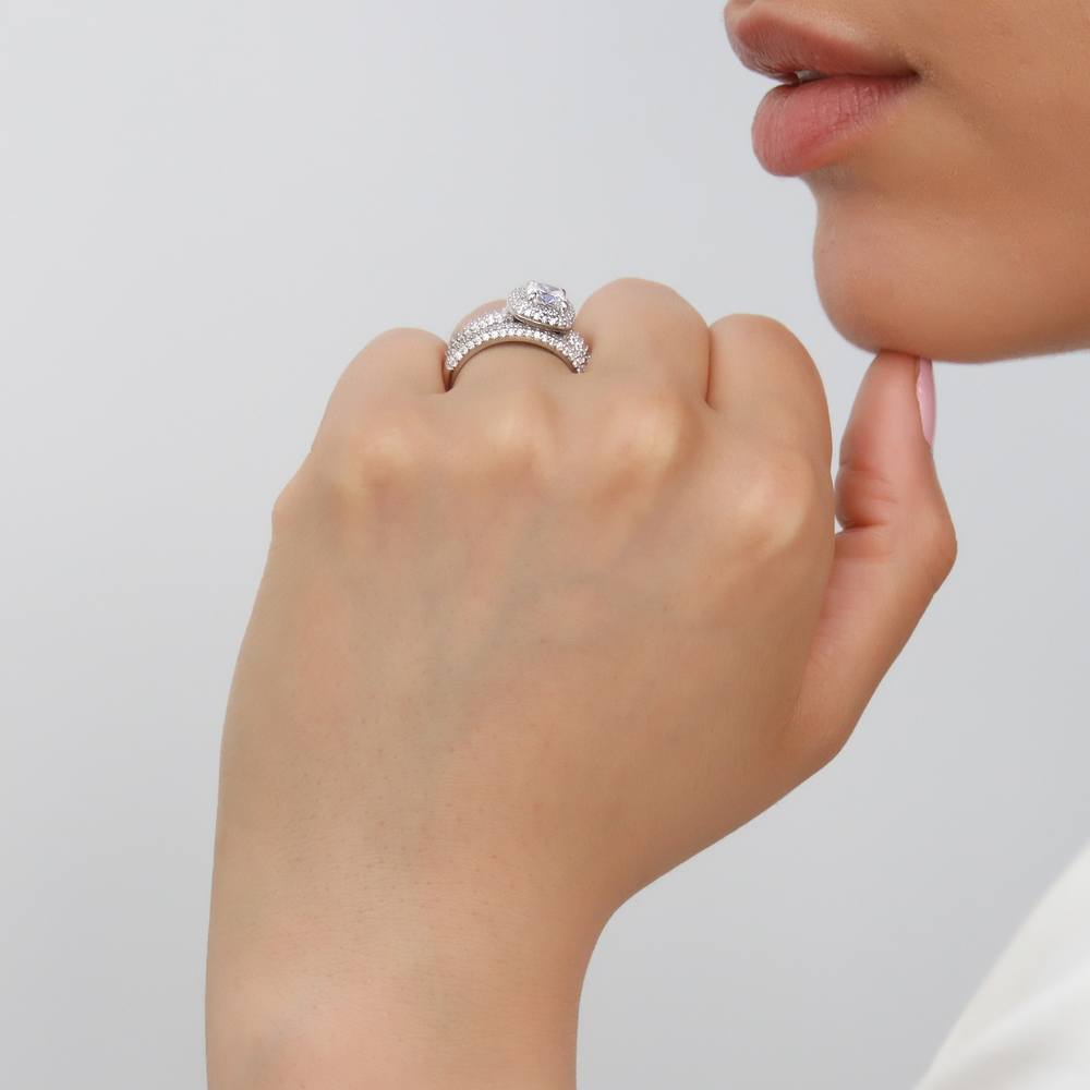 Model wearing Halo Cushion CZ Ring Set in Sterling Silver, 3 of 14