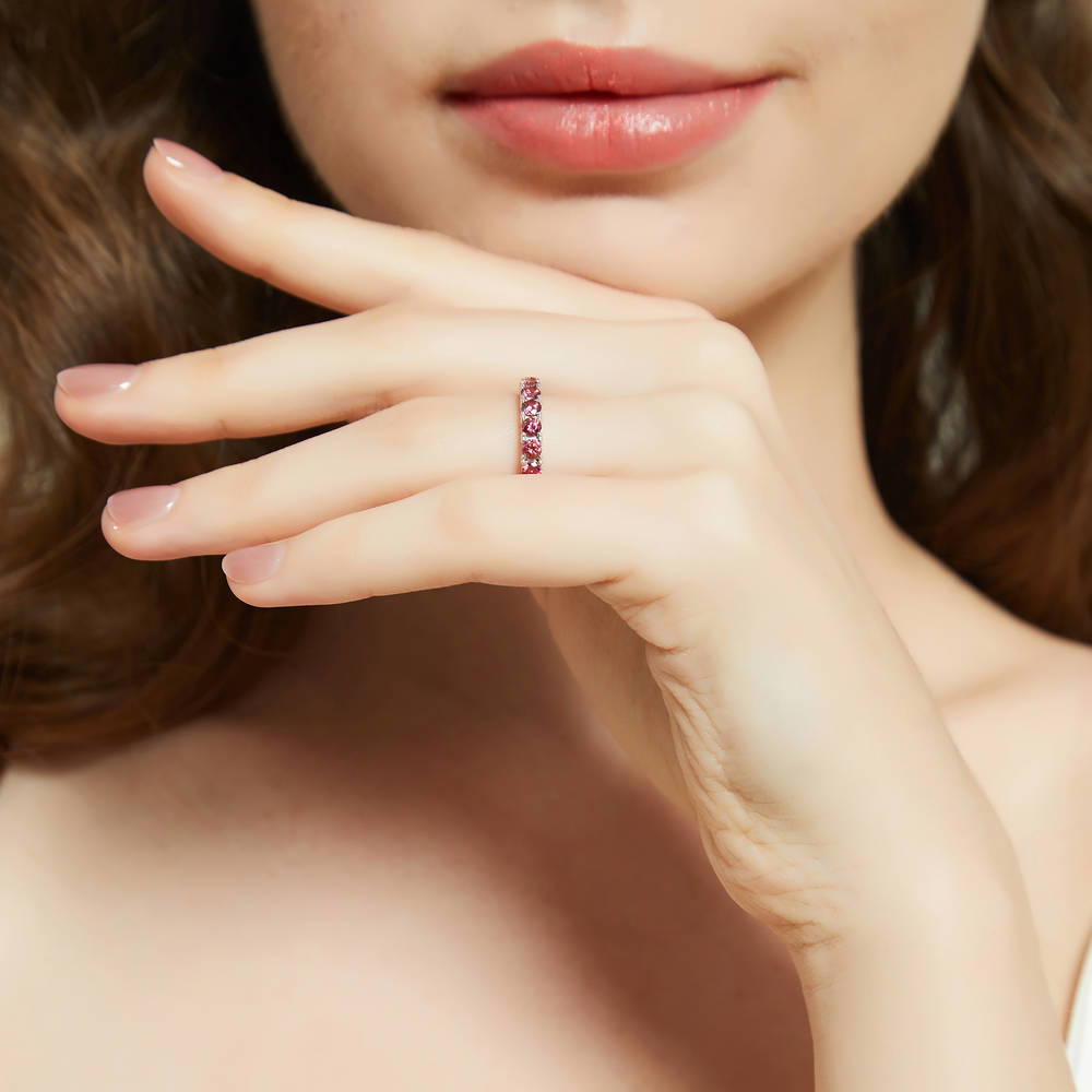 Model wearing Red CZ Stackable Eternity Ring in Sterling Silver
