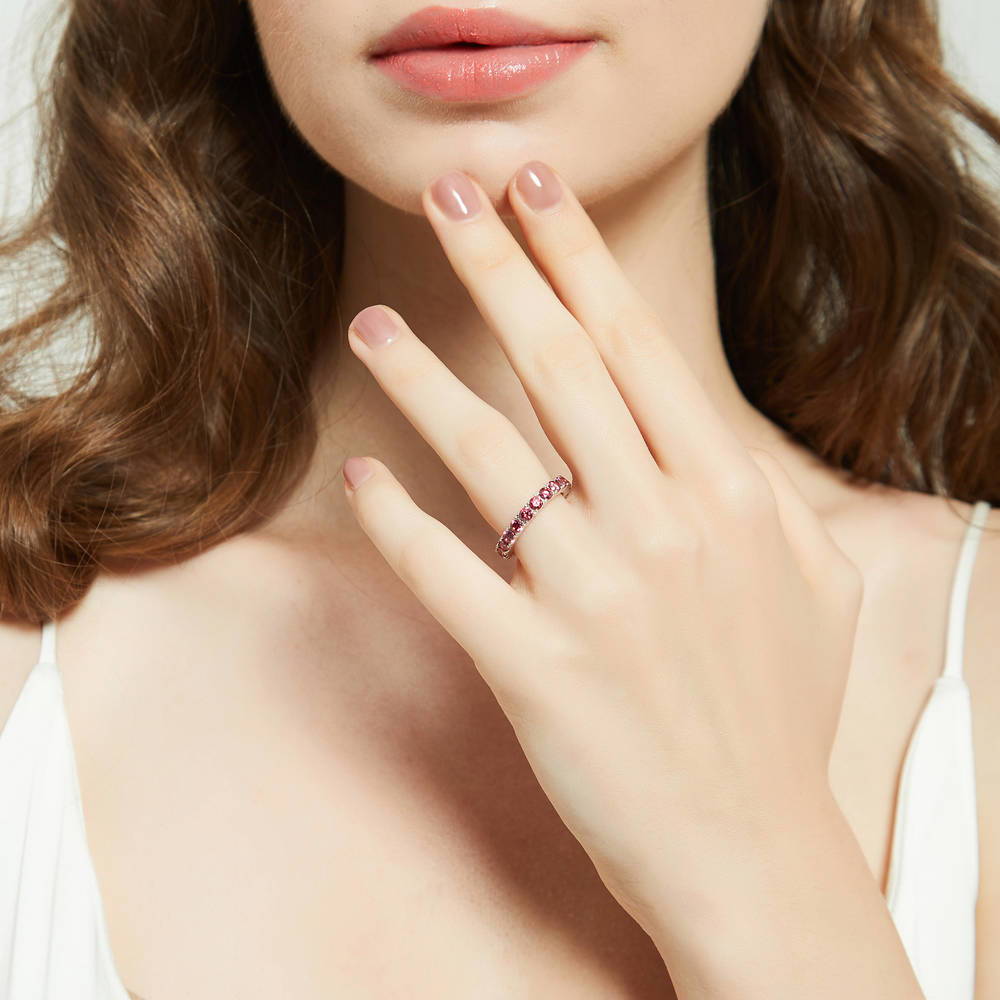 Model wearing Red CZ Stackable Eternity Ring in Sterling Silver