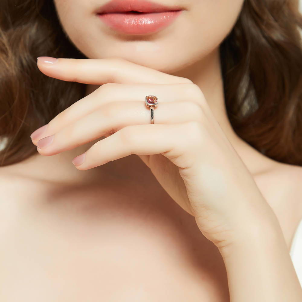 Model wearing Solitaire Bezel Set Cushion CZ Ring in Sterling Silver 1.25ct