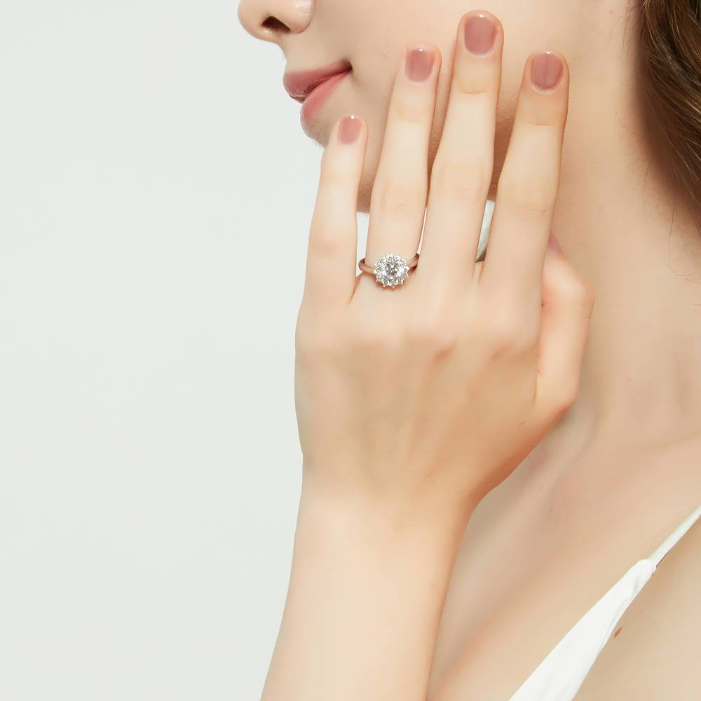 Model wearing Halo Round CZ Ring in Sterling Silver, 2 of 9