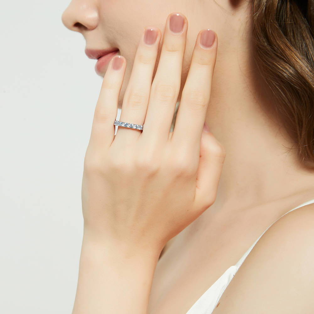 Model wearing Greyish Blue CZ Stackable Eternity Ring in Sterling Silver, 2 of 8