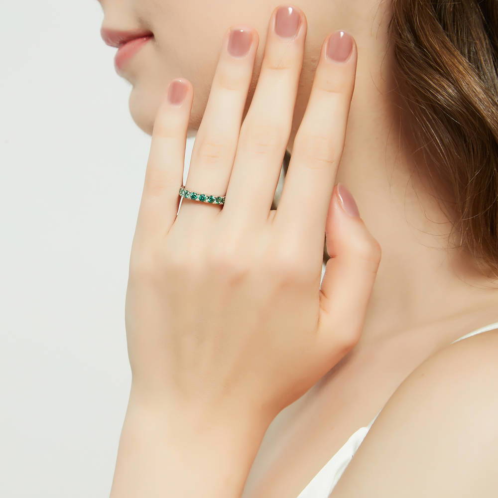 Model wearing Green CZ Stackable Eternity Ring in Sterling Silver, 2 of 8