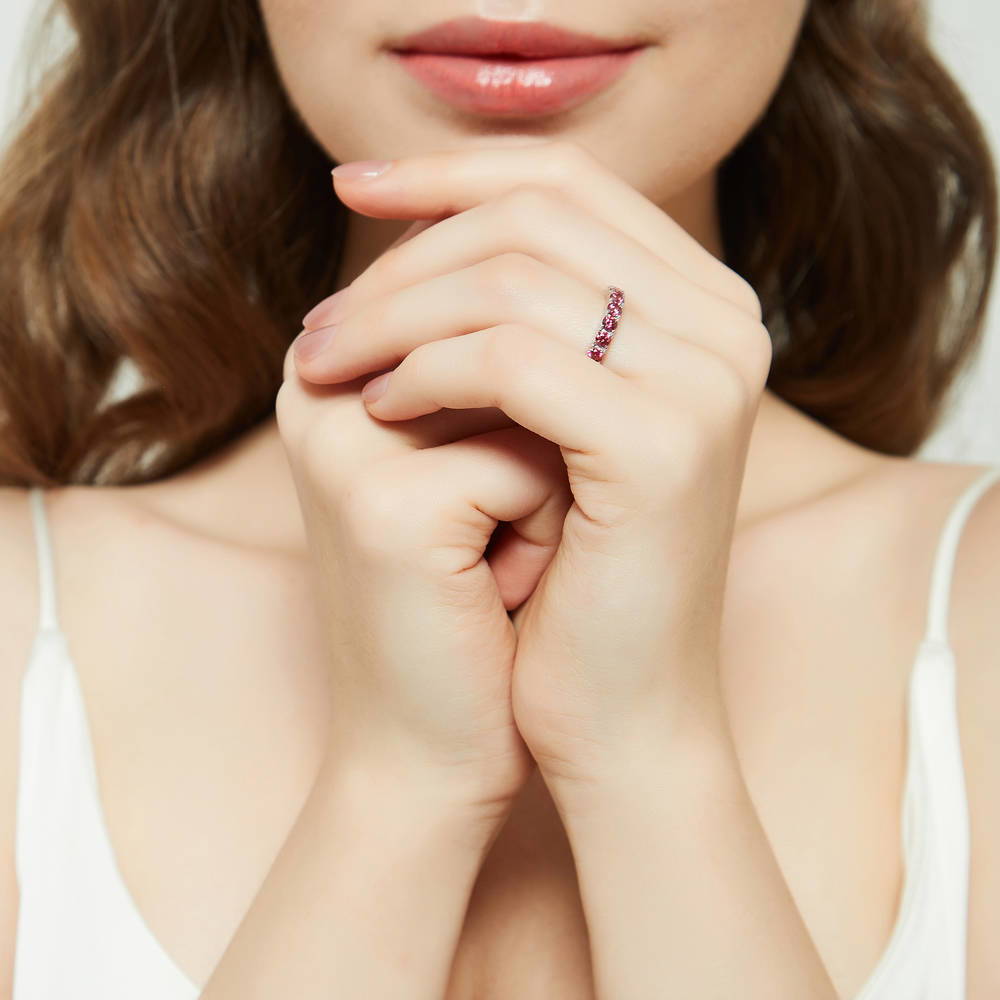 Model wearing Red CZ Stackable Eternity Ring in Sterling Silver