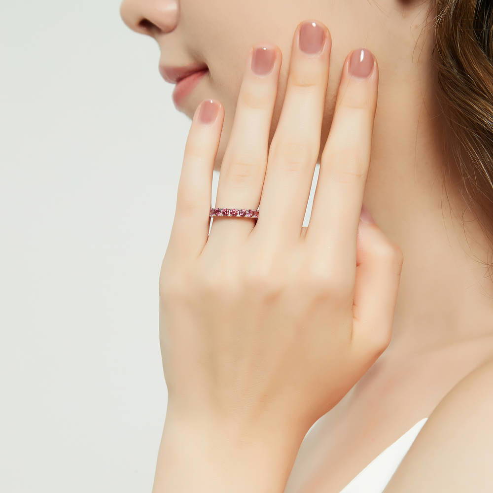 Model wearing Red CZ Stackable Eternity Ring in Sterling Silver