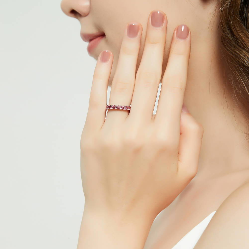 Model wearing Red CZ Stackable Eternity Ring in Sterling Silver, 2 of 9