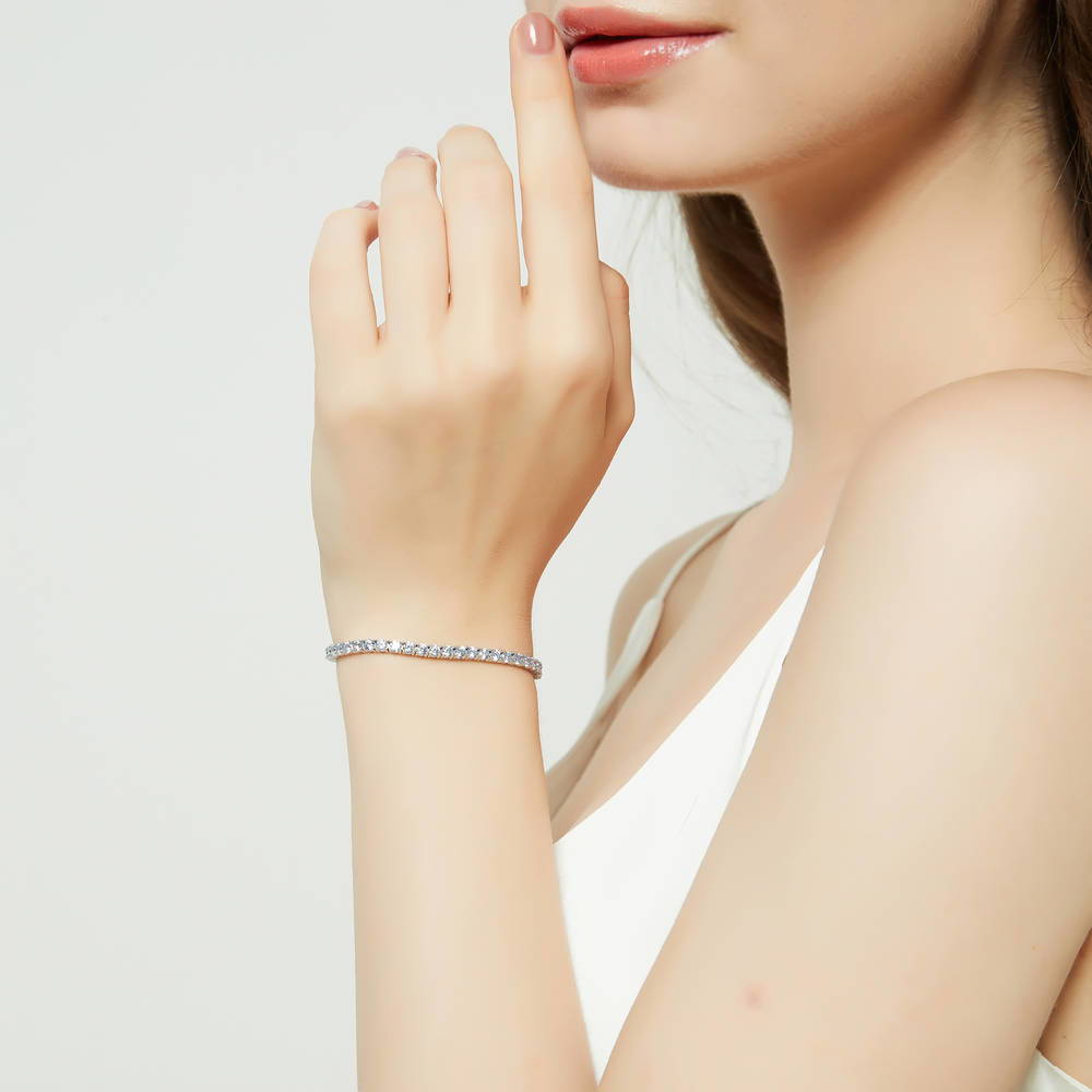 Model wearing CZ Statement Tennis Bracelet in Sterling Silver