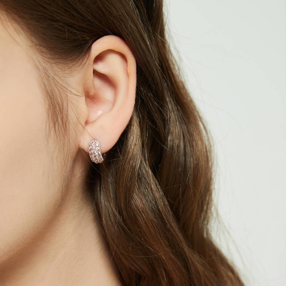 Model wearing CZ Small Huggie Earrings in Sterling Silver 0.5 inch