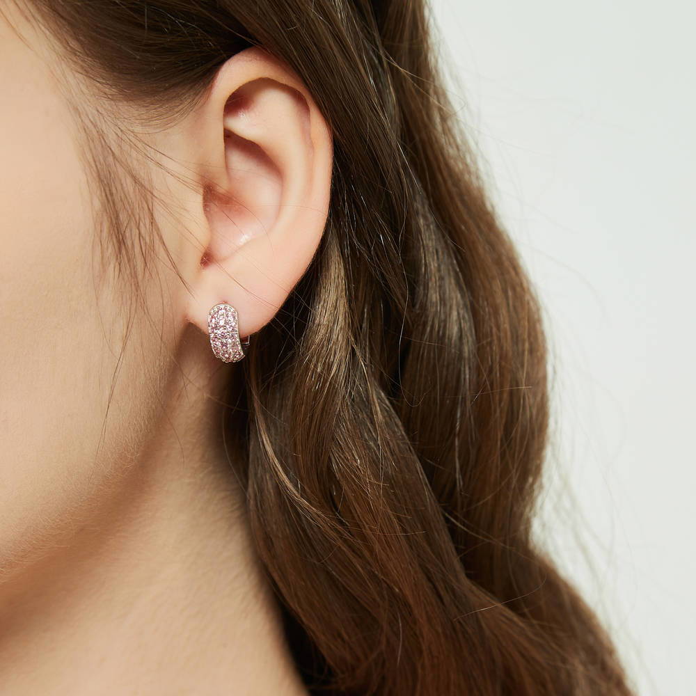 Model wearing CZ Small Huggie Earrings in Sterling Silver 0.5 inch