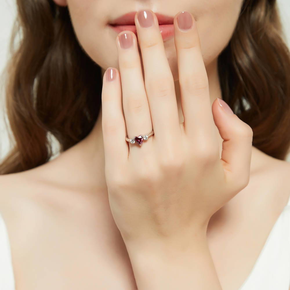 3-Stone Heart 0.7ct Red Heart CZ Ring in Sterling Silver