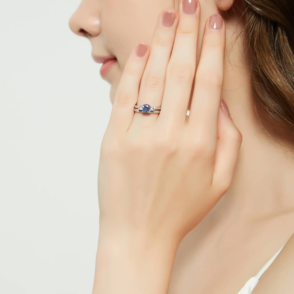3-Stone Kaleidoscope Purple Aqua Round CZ Ring Set in Sterling Silver