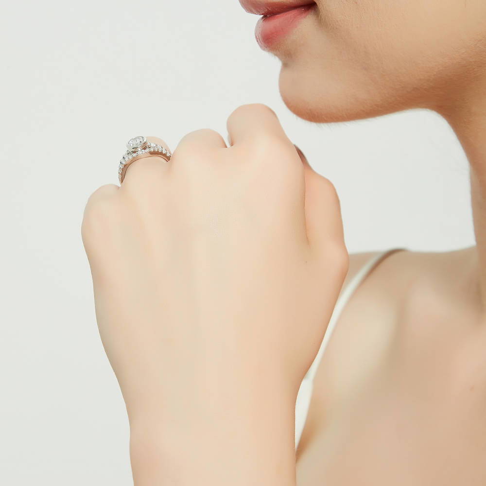 Solitaire 1.4ct Bezel Set Oval CZ Ring Set in Sterling Silver