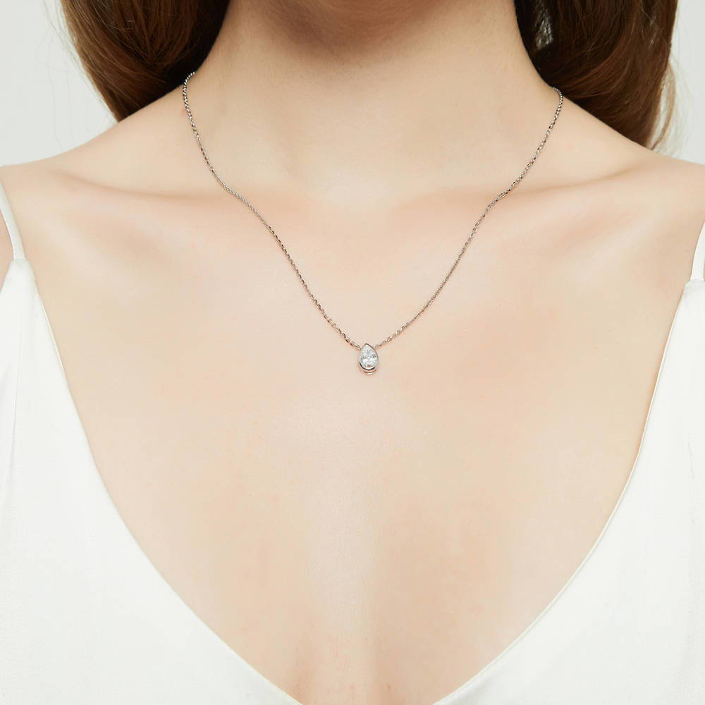 Solitaire 0.8ct Bezel Pear CZ Necklace in Sterling Silver