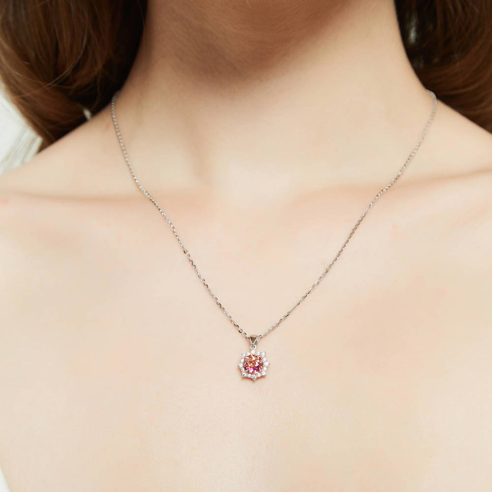 Sunburst Halo Red Orange CZ Pendant Necklace in Sterling Silver