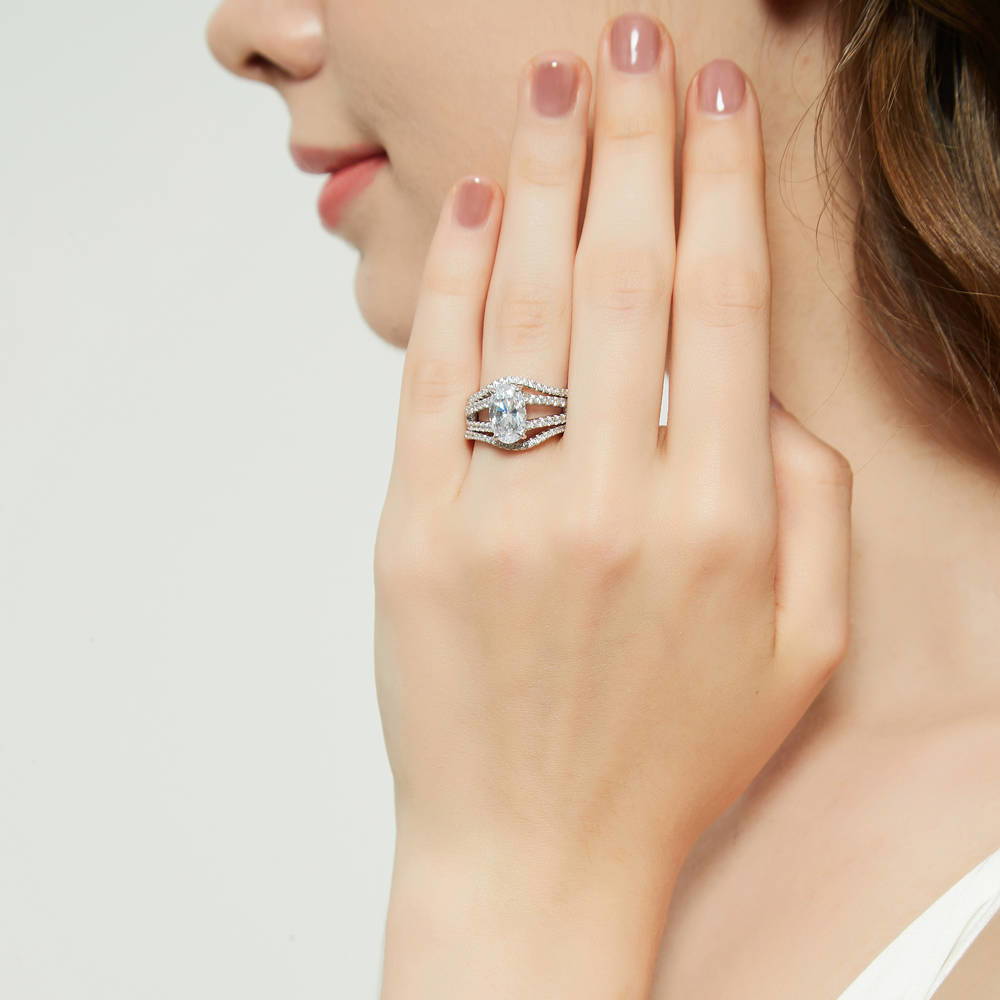 Solitaire 2.7ct Oval CZ Split Shank Ring Set in Sterling Silver