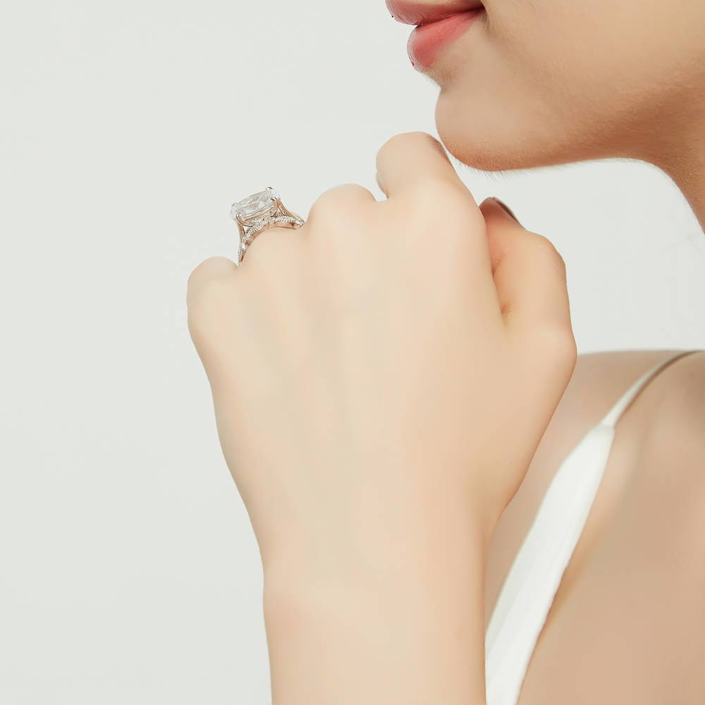 Model wearing East-West Solitaire CZ Ring Set in Sterling Silver