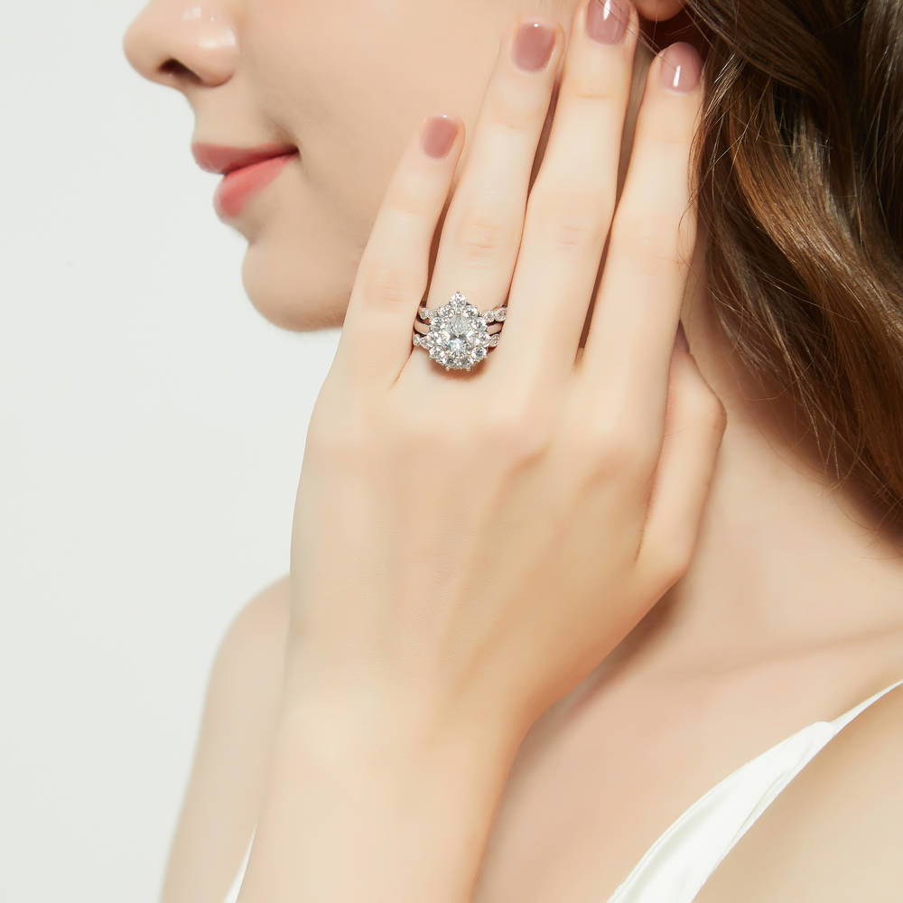 Model wearing Halo Pear CZ Ring Set in Sterling Silver, 5 of 18