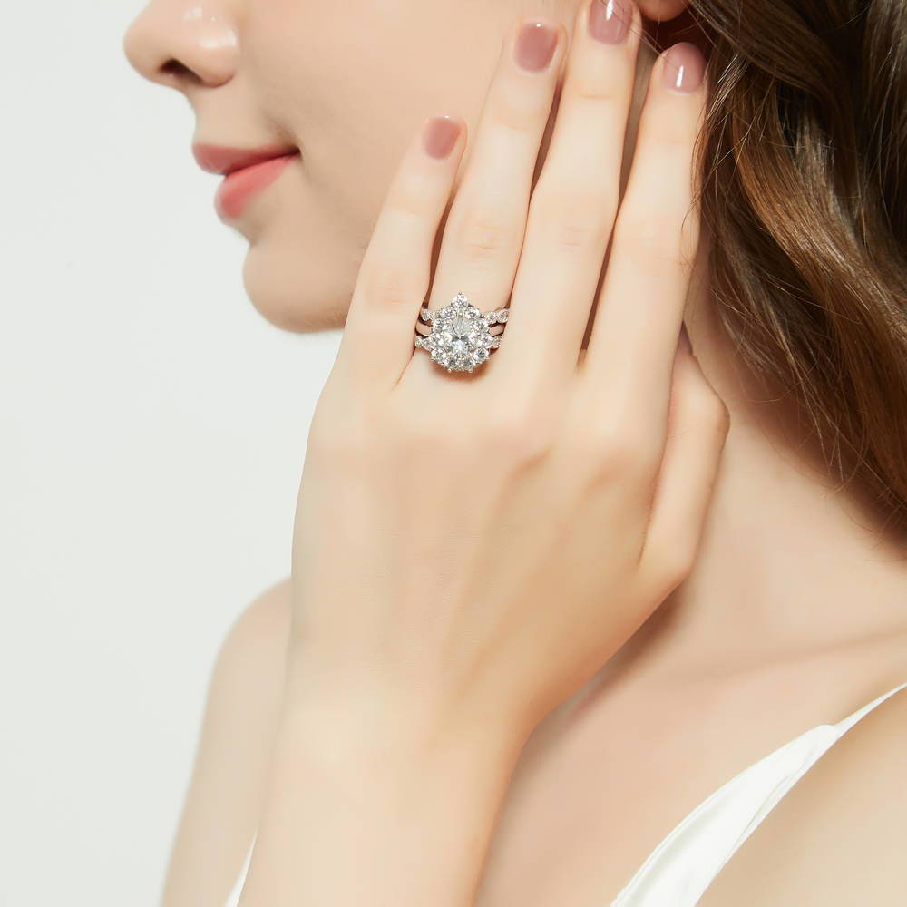 Halo Milgrain Art Deco Pear CZ Ring Set in Sterling Silver