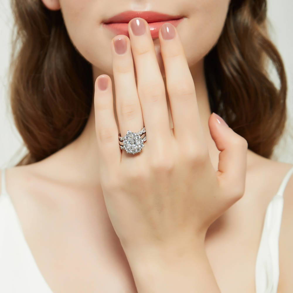 Model wearing Halo Pear CZ Ring Set in Sterling Silver, 2 of 18