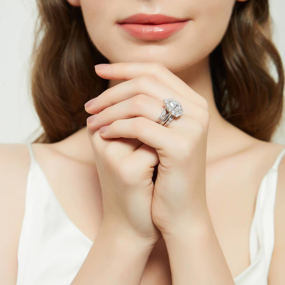 Model wearing Halo Pear CZ Ring Set in Sterling Silver, 7 of 18