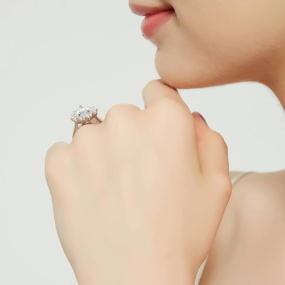 Model wearing Halo Pear CZ Statement Ring in Sterling Silver
