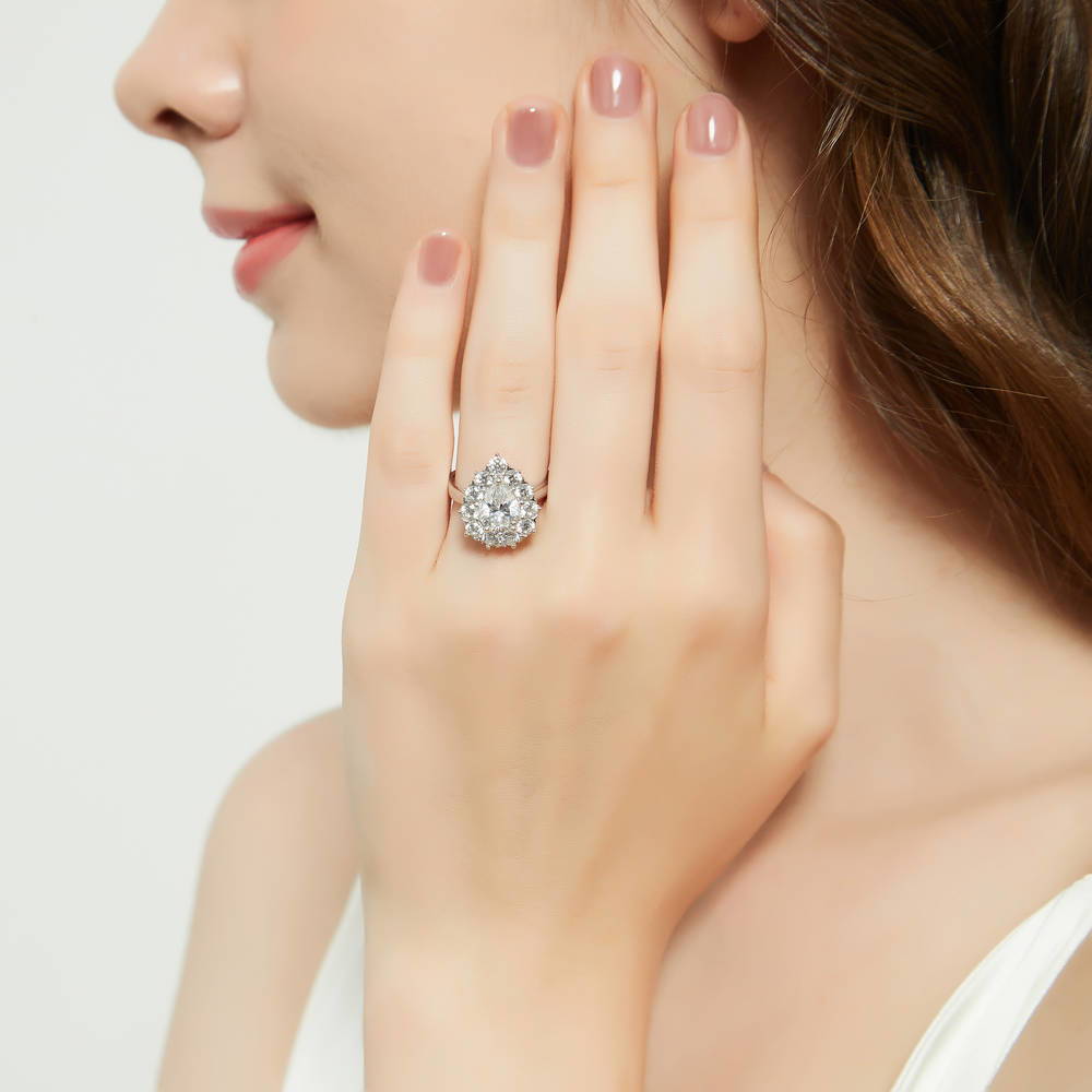 Model wearing Halo Pear CZ Statement Ring in Sterling Silver