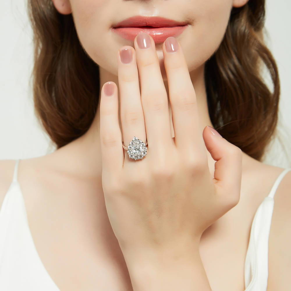 Model wearing Halo Pear CZ Statement Ring in Sterling Silver