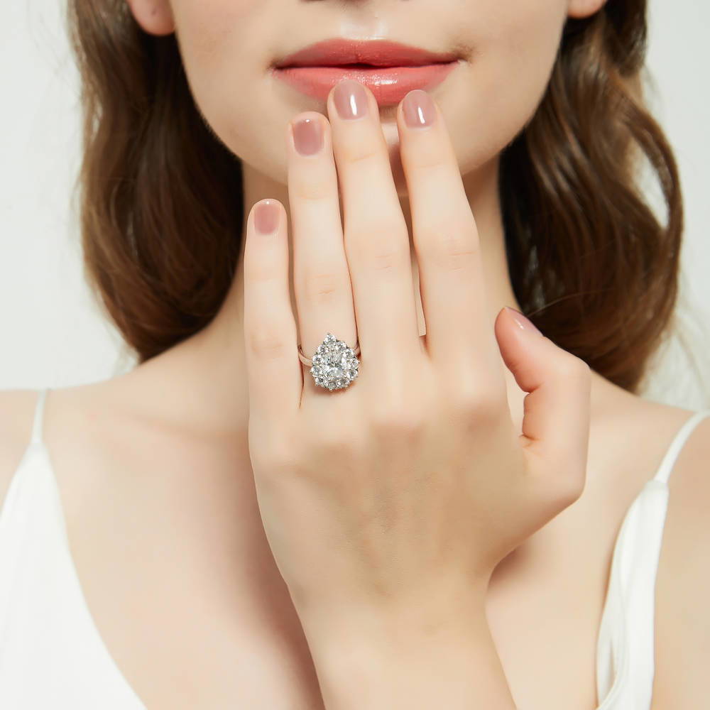 Model wearing Halo Pear CZ Ring Set in Sterling Silver, 9 of 18