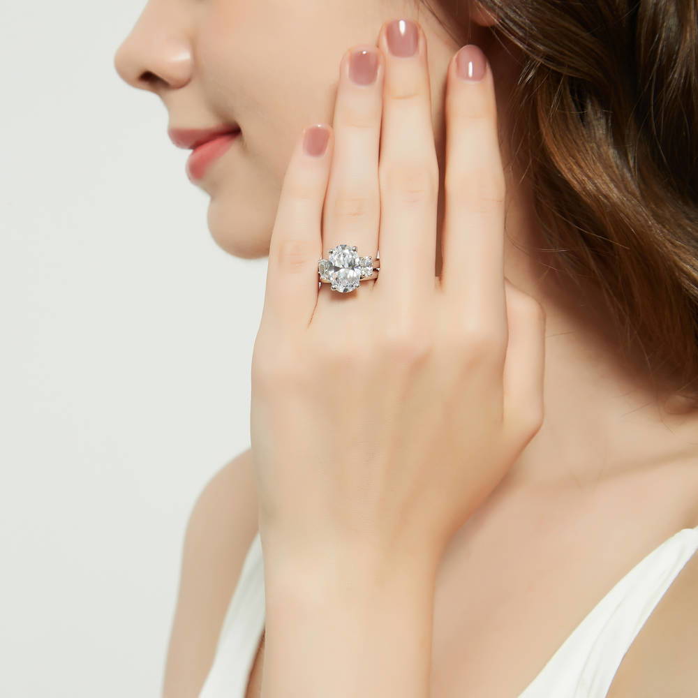 Model wearing 3-Stone Oval CZ Ring Set in Sterling Silver, 3 of 18