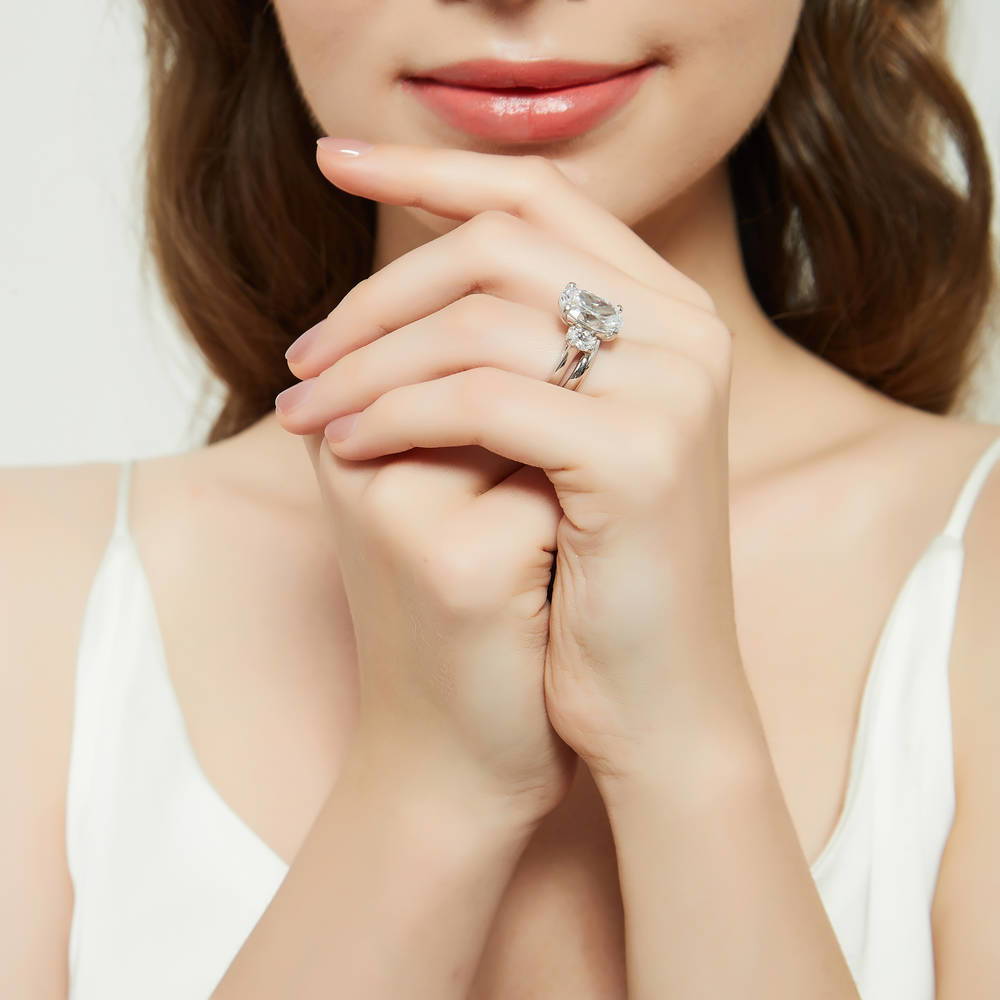 Model wearing 3-Stone Oval CZ Ring Set in Sterling Silver, 6 of 18
