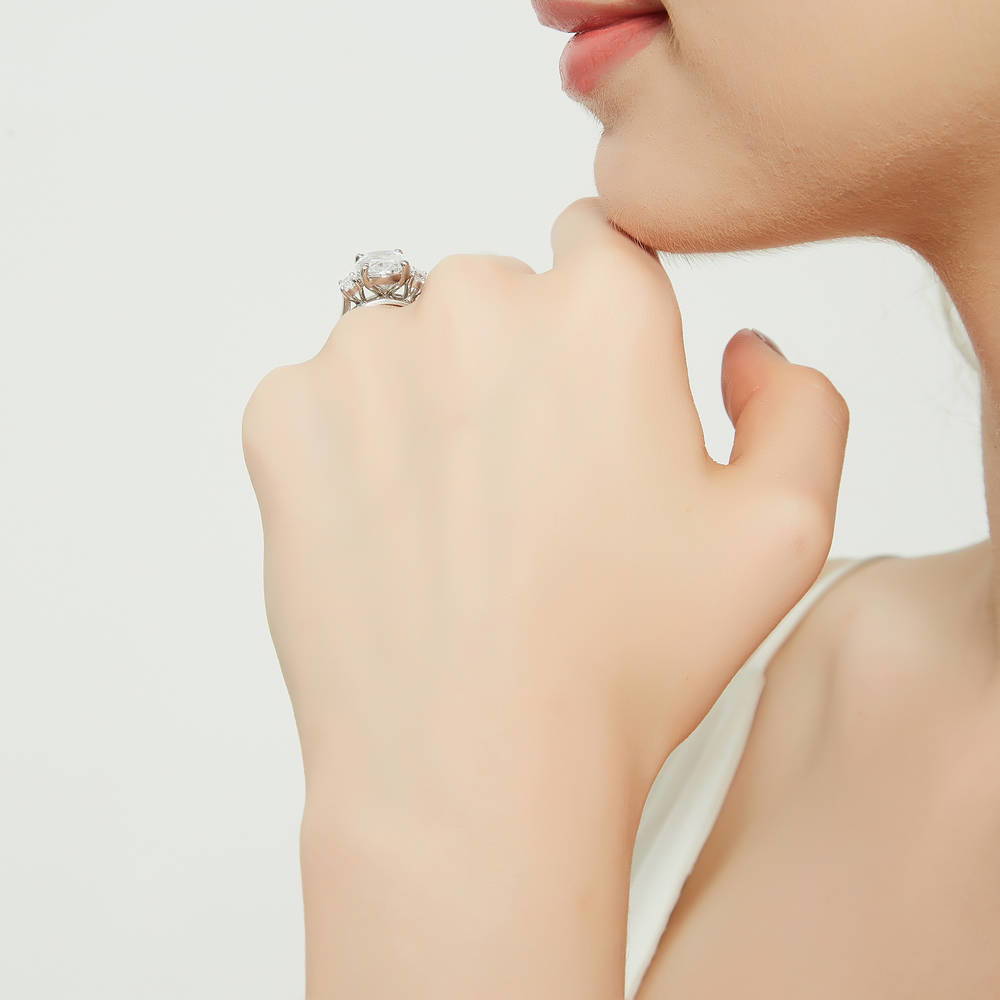 Model wearing 3-Stone Oval CZ Ring Set in Sterling Silver, 8 of 18