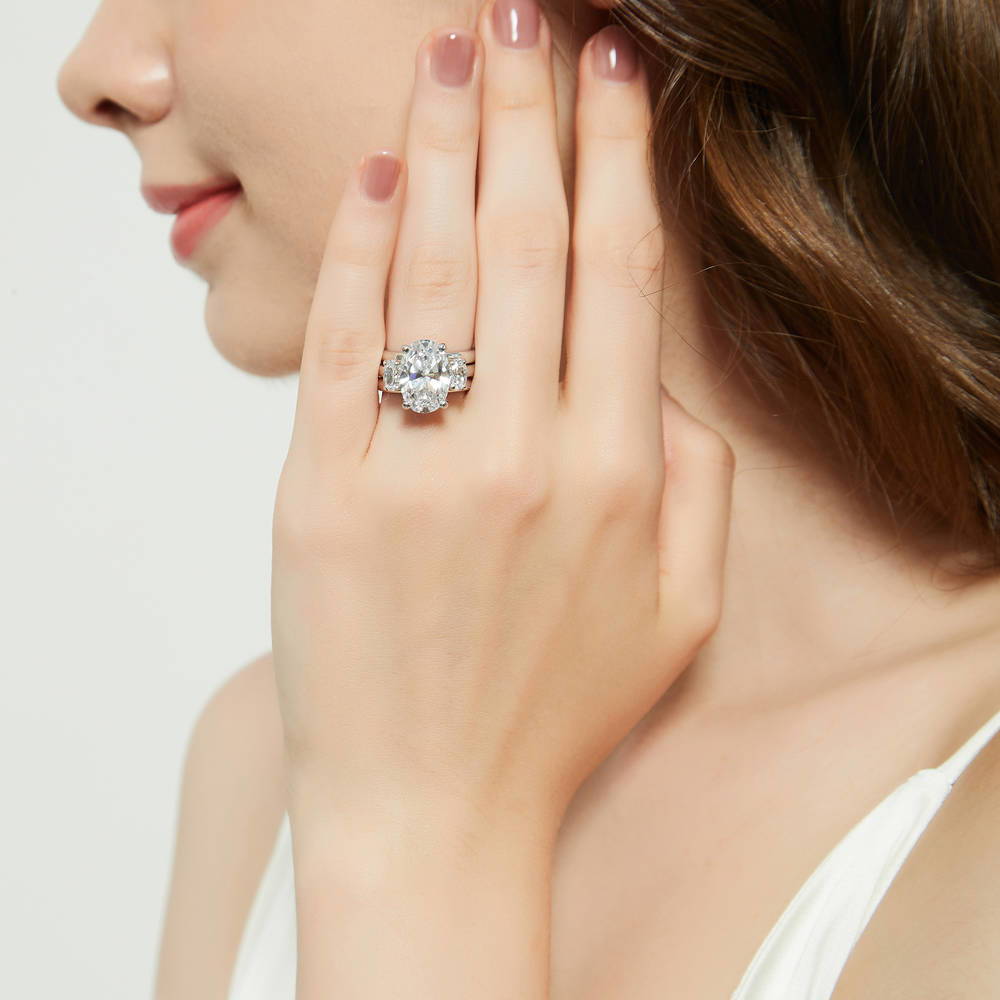 Model wearing 3-Stone Oval CZ Ring Set in Sterling Silver, 5 of 18
