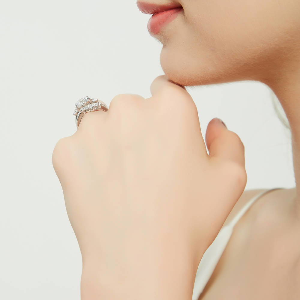 Model wearing 3-Stone 7-Stone Round CZ Ring Set in Sterling Silver