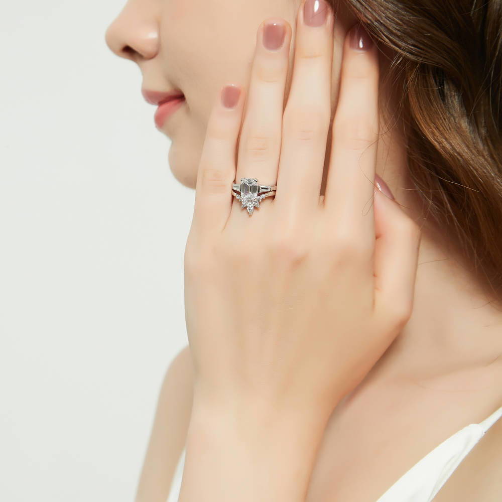 3-Stone Flower 7-Stone Wishbone CZ Ring Set in Sterling Silver