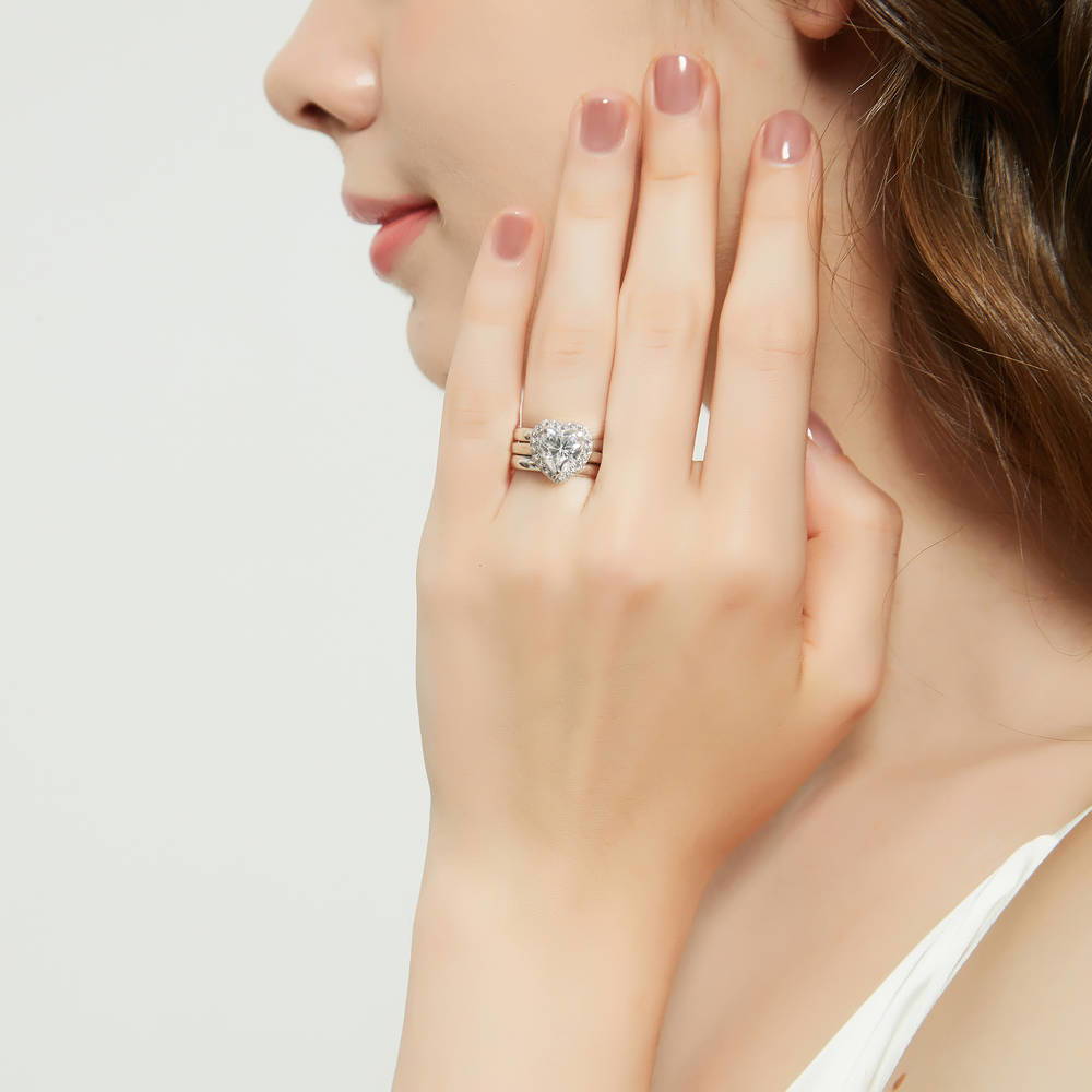 Model wearing Halo Heart CZ Ring Set in Sterling Silver