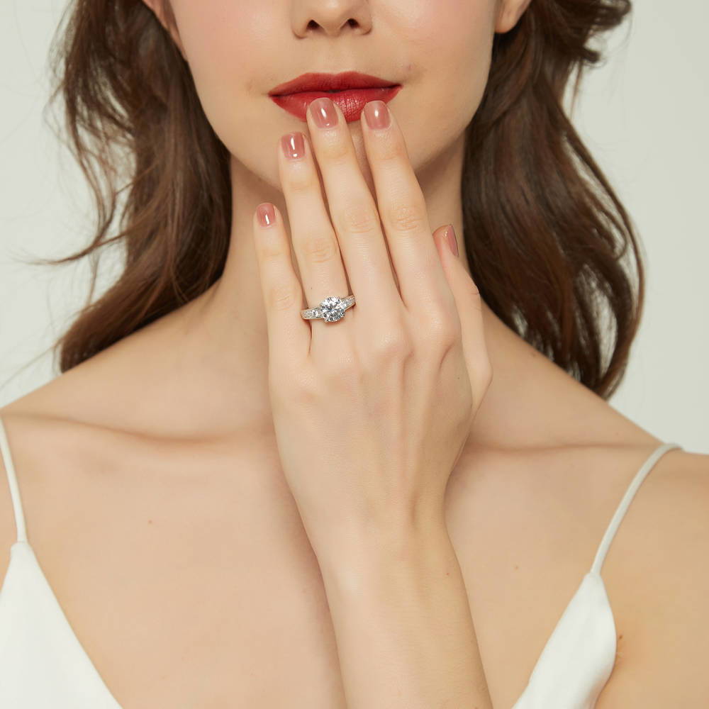 Model wearing Solitaire 2.7ct Round CZ Ring Set in Sterling Silver, 10 of 20
