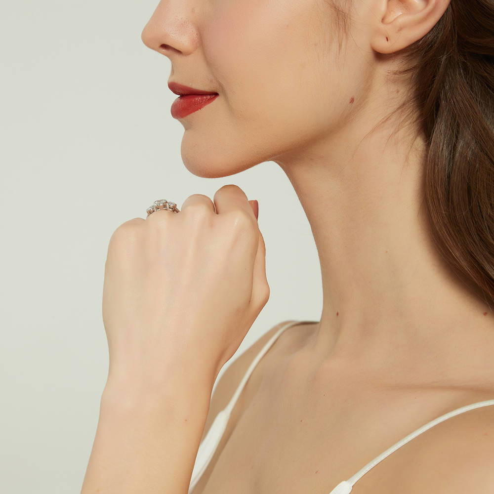 Model wearing 3-Stone Oval CZ Ring in Sterling Silver, 7 of 9