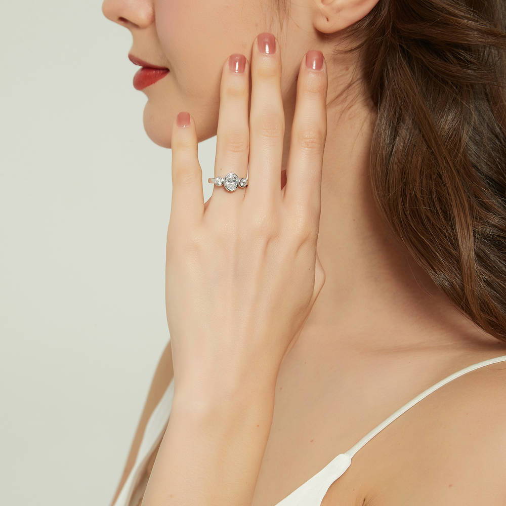 Model wearing 3-Stone Oval CZ Ring in Sterling Silver, 3 of 9
