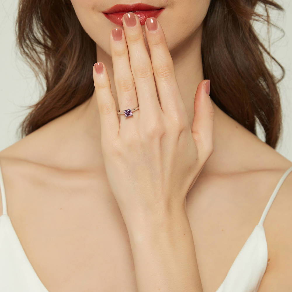 Model wearing Solitaire Purple Princess CZ Ring in Sterling Silver 1.2ct