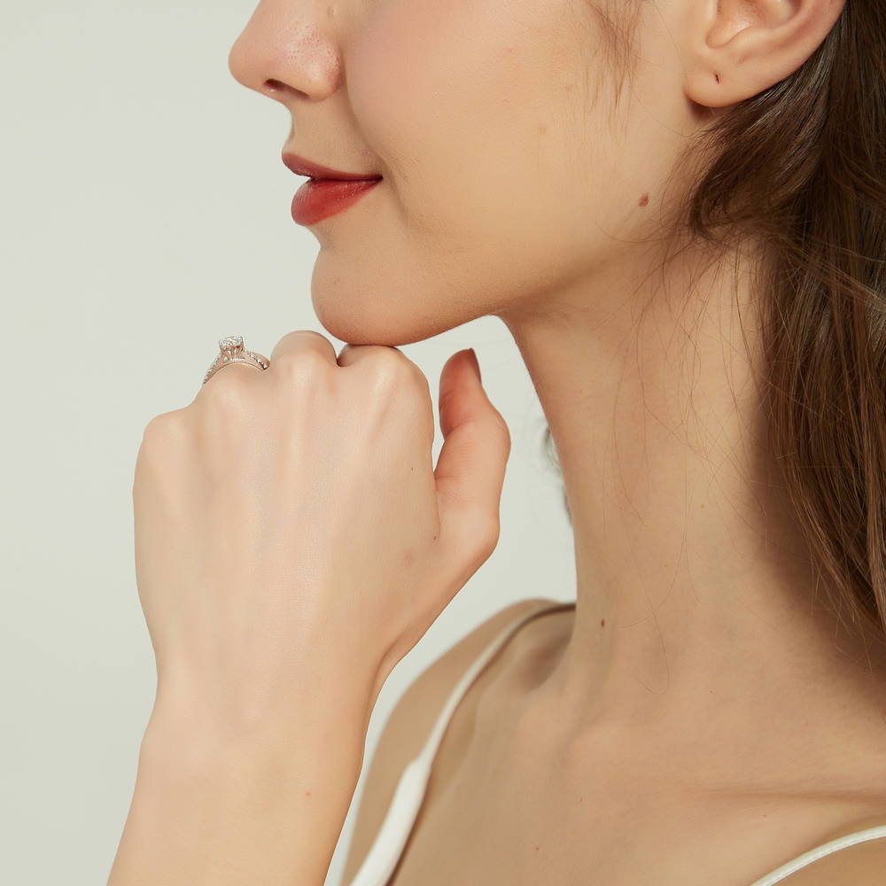 Model wearing Solitaire 0.8ct Round CZ Ring in Sterling Silver, 7 of 9