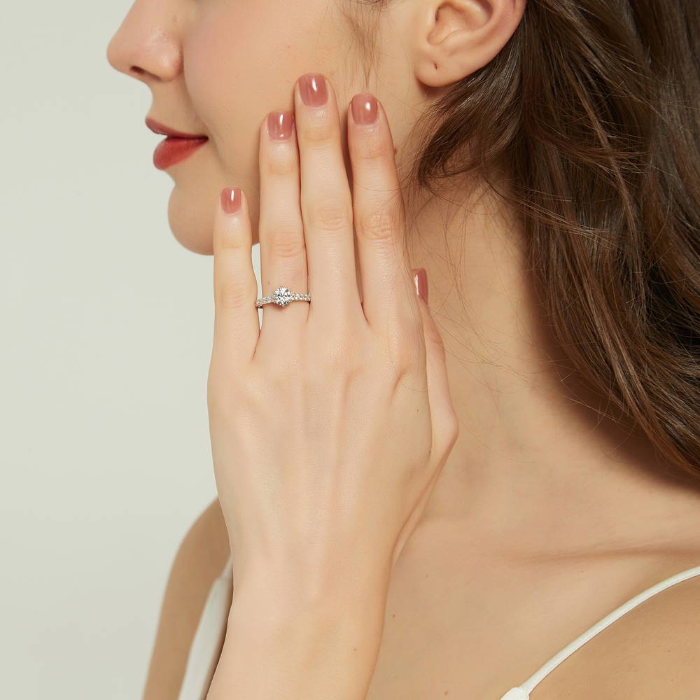 Model wearing Solitaire 0.8ct Round CZ Ring in Sterling Silver, 2 of 9