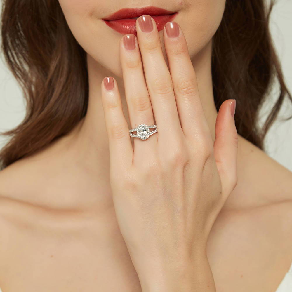 Halo Oval CZ Split Shank Ring in Sterling Silver
