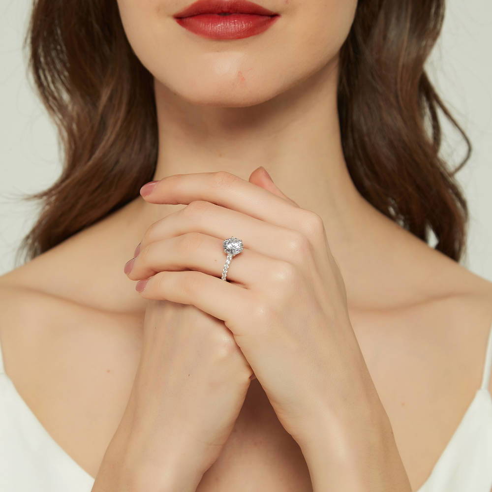 Model wearing Solitaire 2.7ct Round CZ Ring in Sterling Silver, 6 of 9